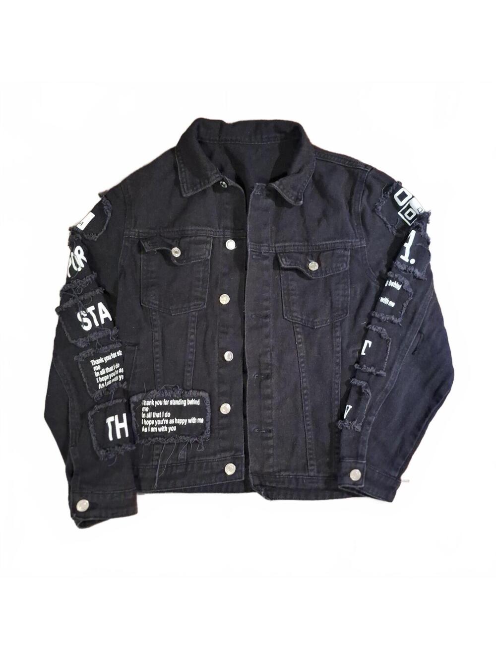 SHEIN Slogan Patch Raw Hem Denim Jacket Black Small Choose To Be Kind Distressed